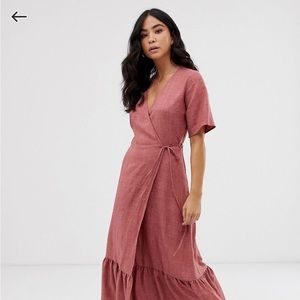 New Look Linen Tiered Wrap Dress in Dusty Rose